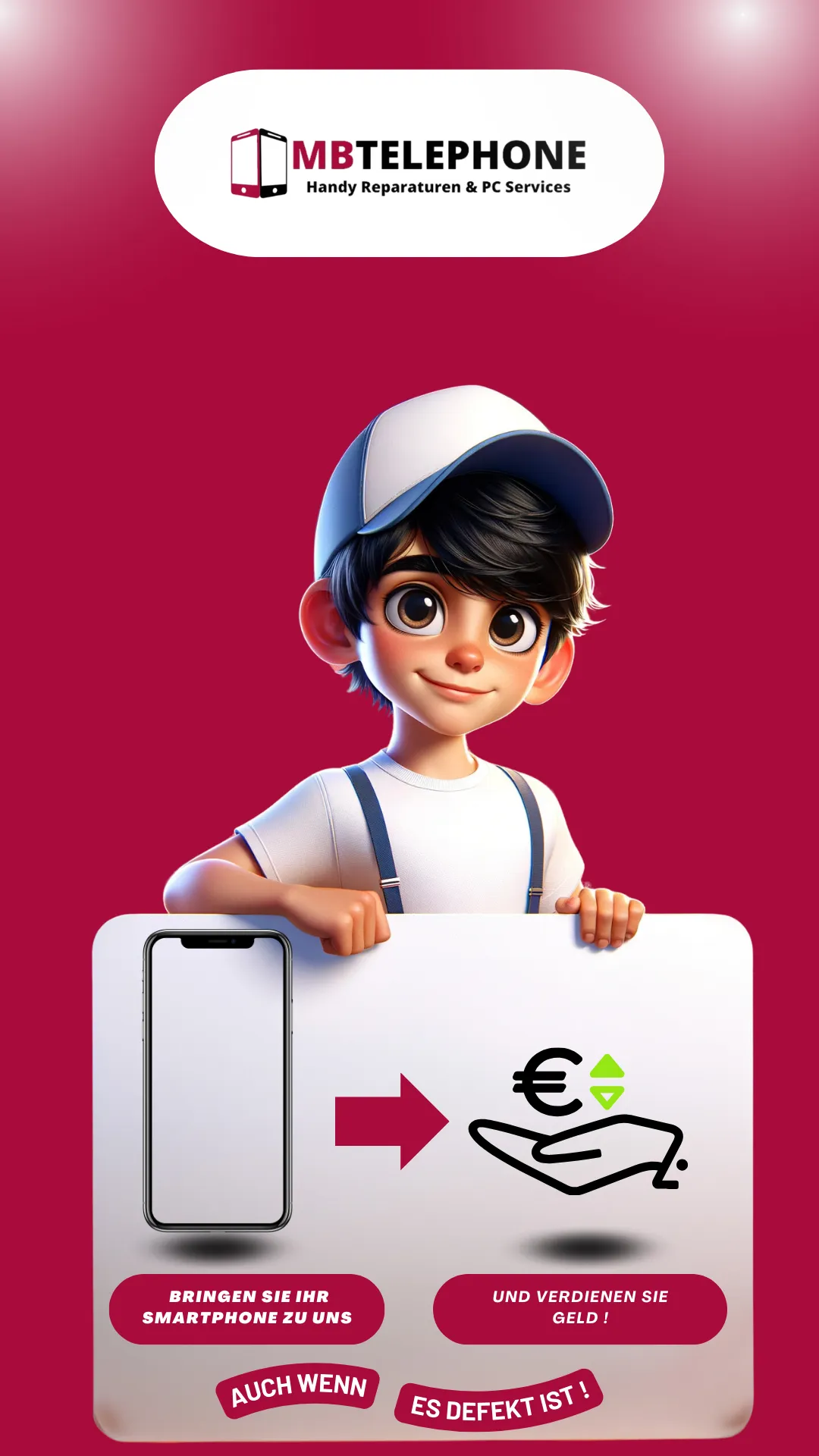 MB Telephone Werbeplakat mit Cartoon-Figur für Smartphone-Reparatur und Verkauf