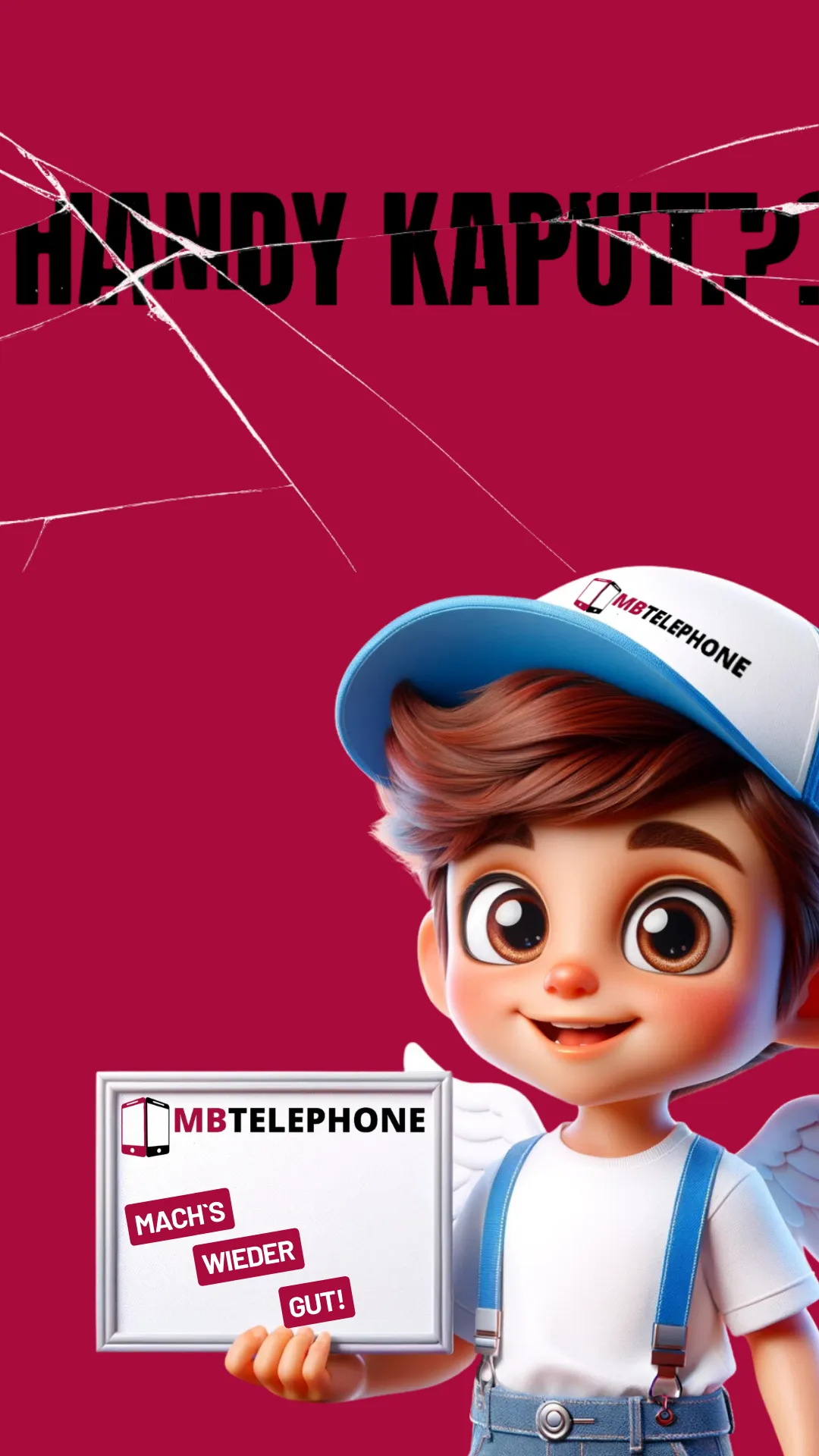 Cartoon-Figur mit MB Telephone Schild und zerbrochenem Bildschirm