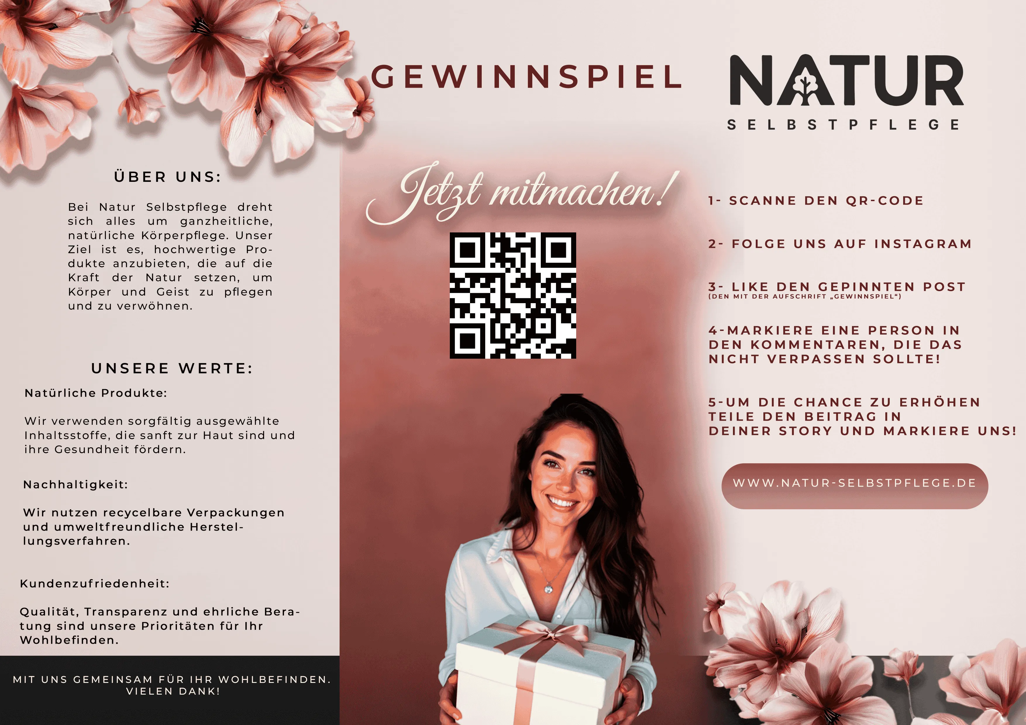 Gewinnspiel-Poster für Natur Selbstpflege mit Blumen und QR-Code