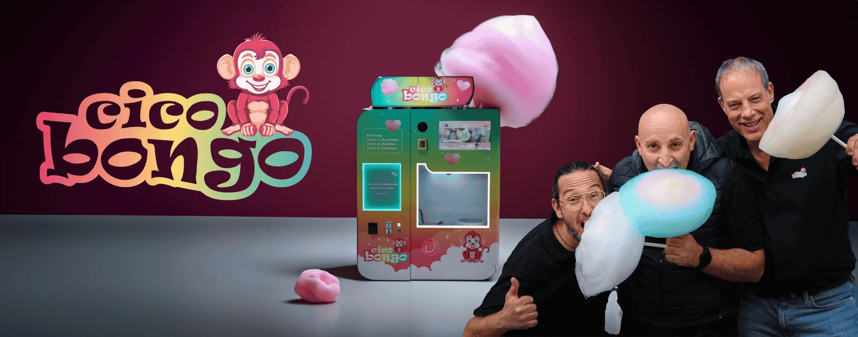 Cico Bongo Automat mit Männern und Zuckerwatte in verschiedenen Farben