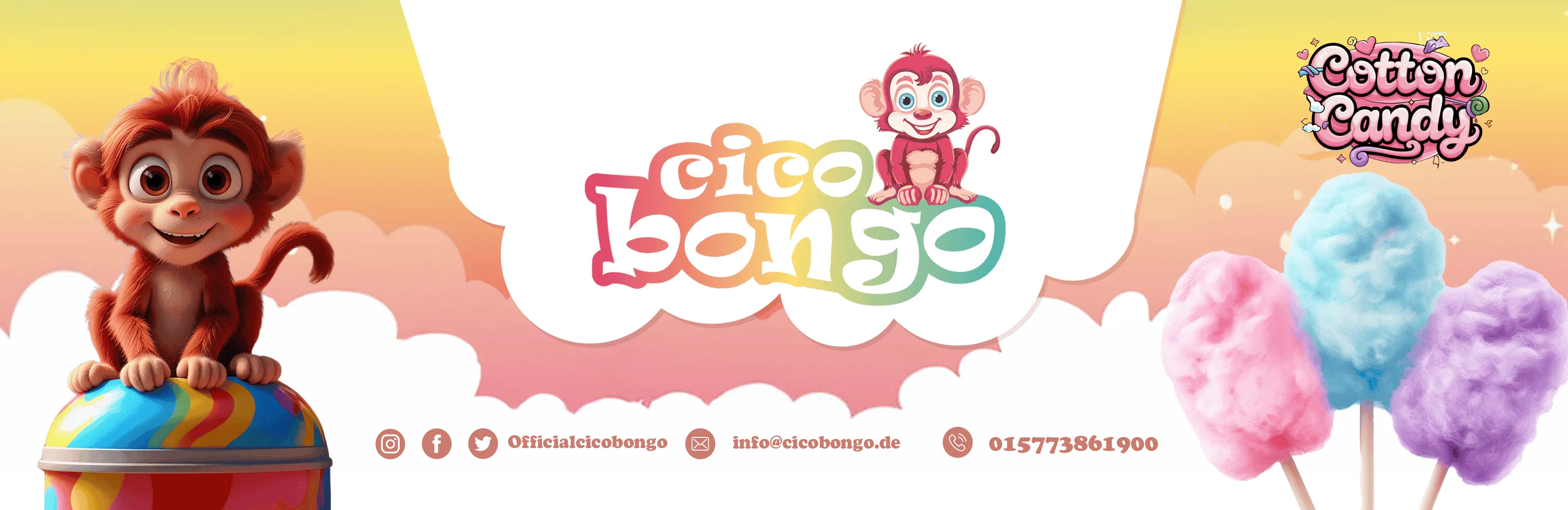 Süßer Affe sitzt auf buntem Ball neben Zuckerwatte und Cicobongo-Logo