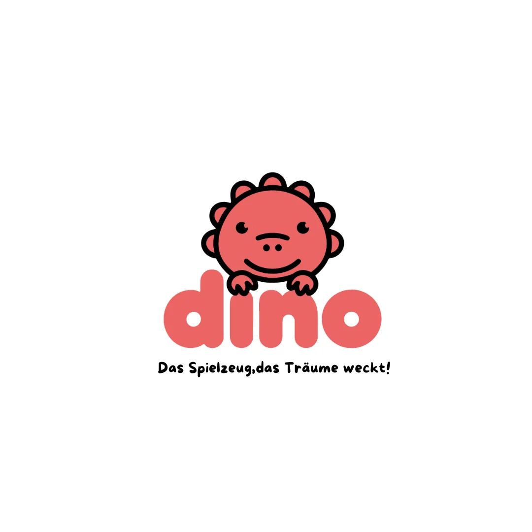 Süßes rotes Dino-Logo mit lächelndem Charakter über dem Wort „dino"