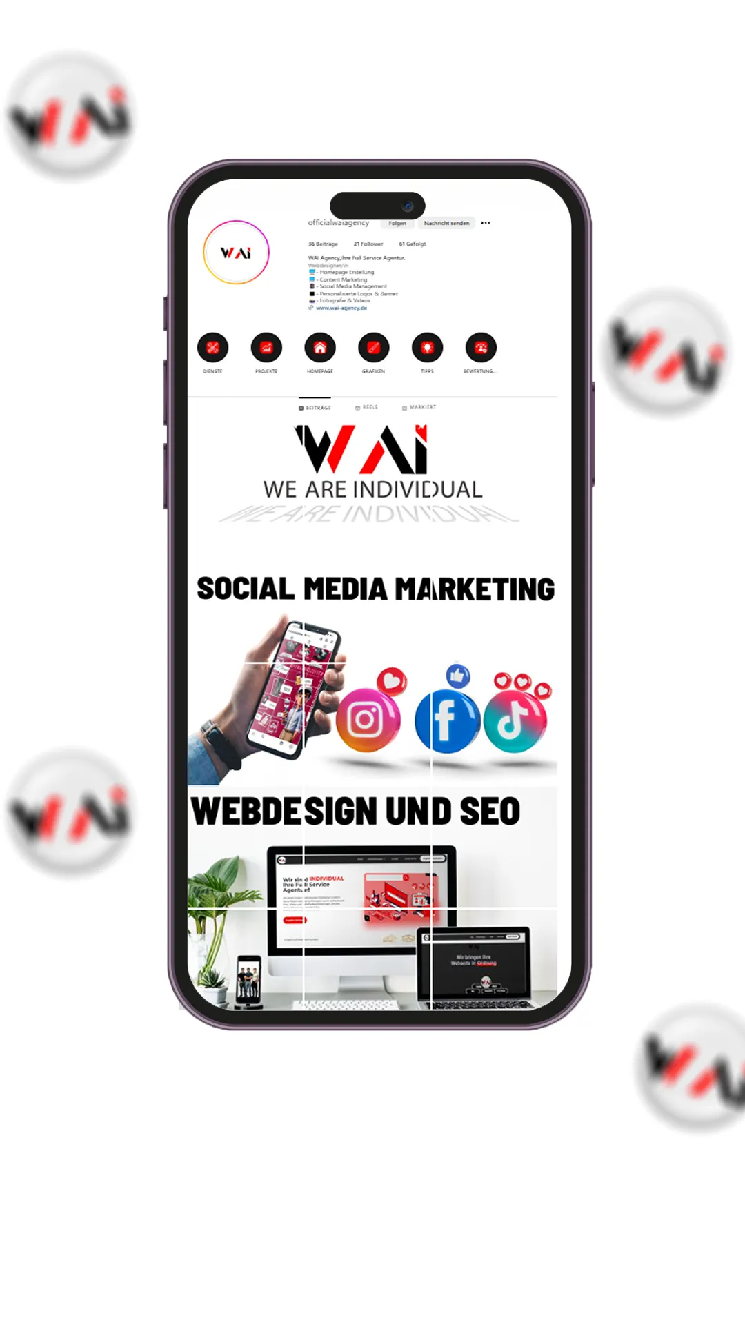 WAI Smartphone-Bildschirm zeigt Social Media Marketing und Webdesign-Dienste