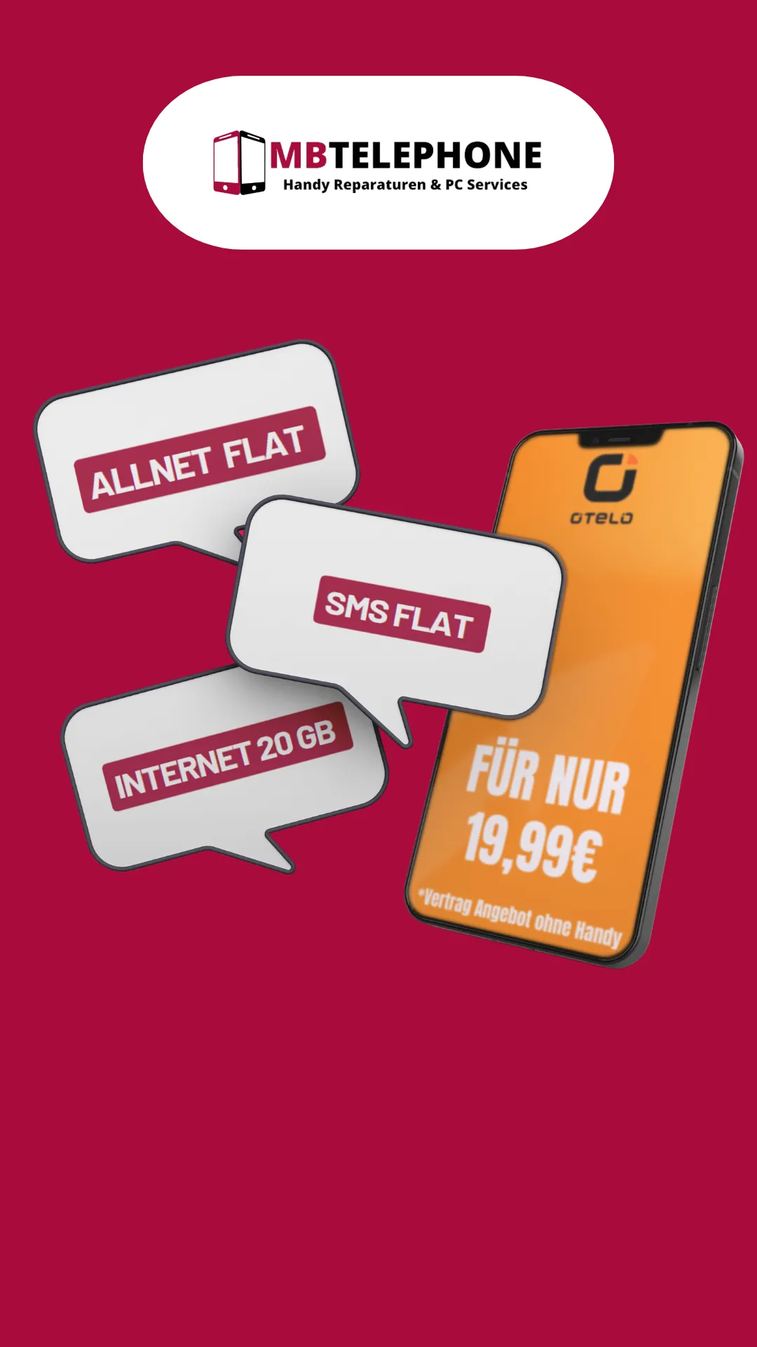 MB Telephone Werbung mit Mobilfunktarif und Smartphone auf rotem Hintergrund