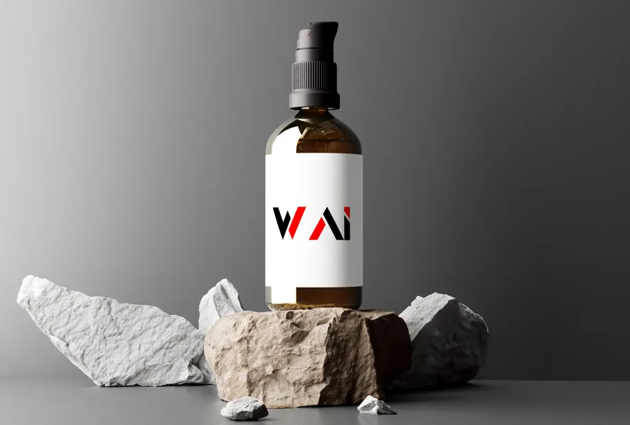 Braune Glasflasche mit WAI-Logo auf Steinpodesten vor grauem Hintergrund