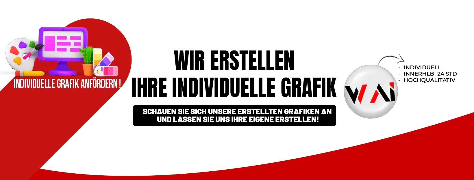Werbebanner für individuelle Grafikdesign-Dienstleistungen mit bunten Elementen