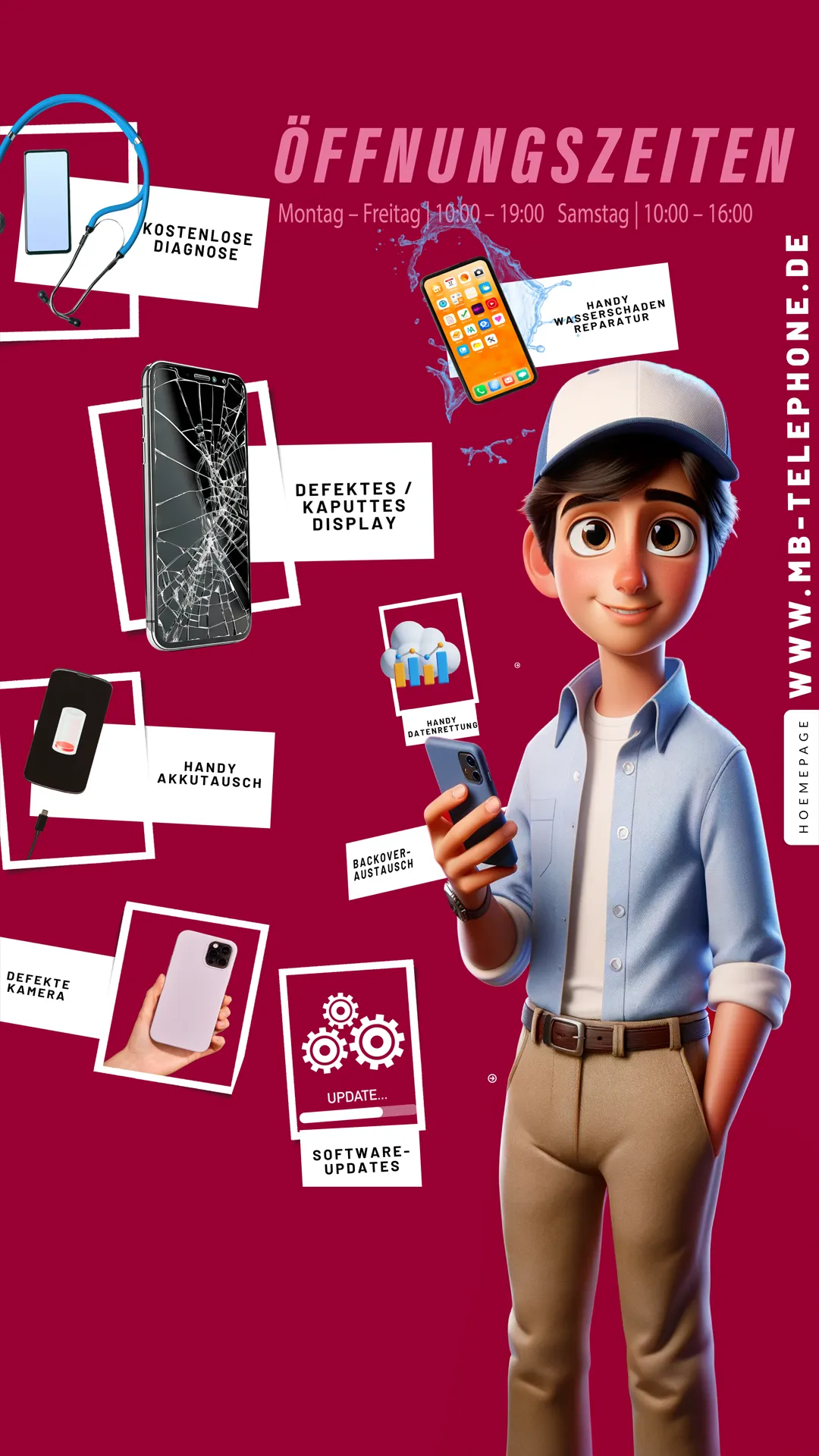 Handy-Reparatur-Poster mit Cartoon-Techniker und Servicedetails