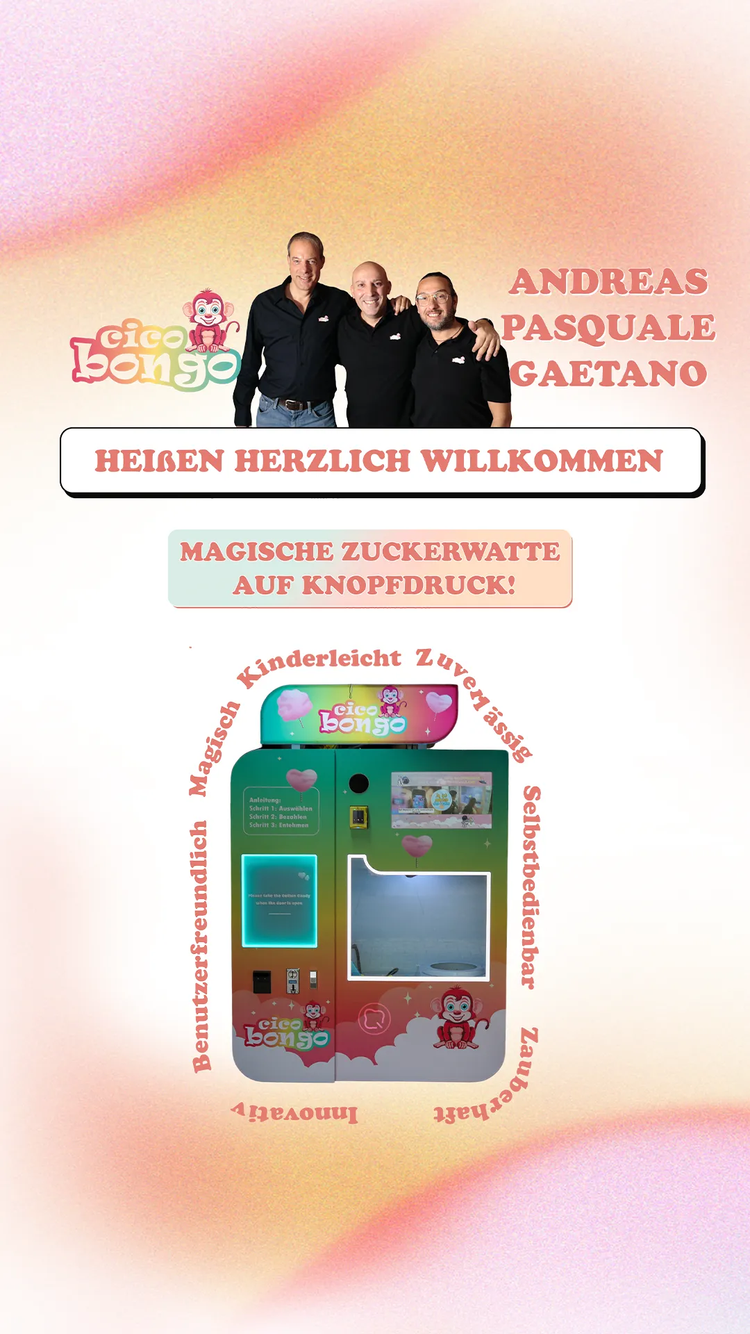 Cico Bongo Zuckerwatte-Automat mit drei Männern im Hintergrund