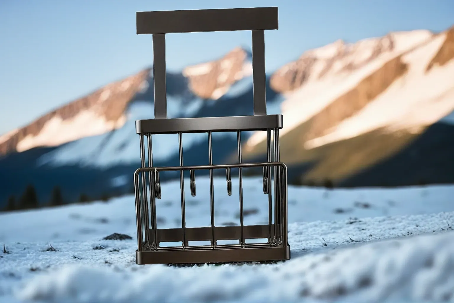 Newtonpendel auf verschneitem Boden mit Bergen im Hintergrund