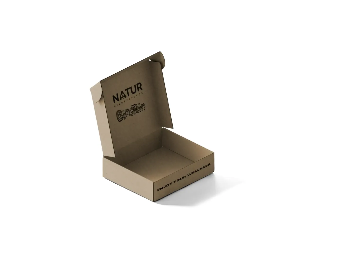 Geöffnete Natur-Verpackungsbox mit minimalem Design und Wellness-Slogan