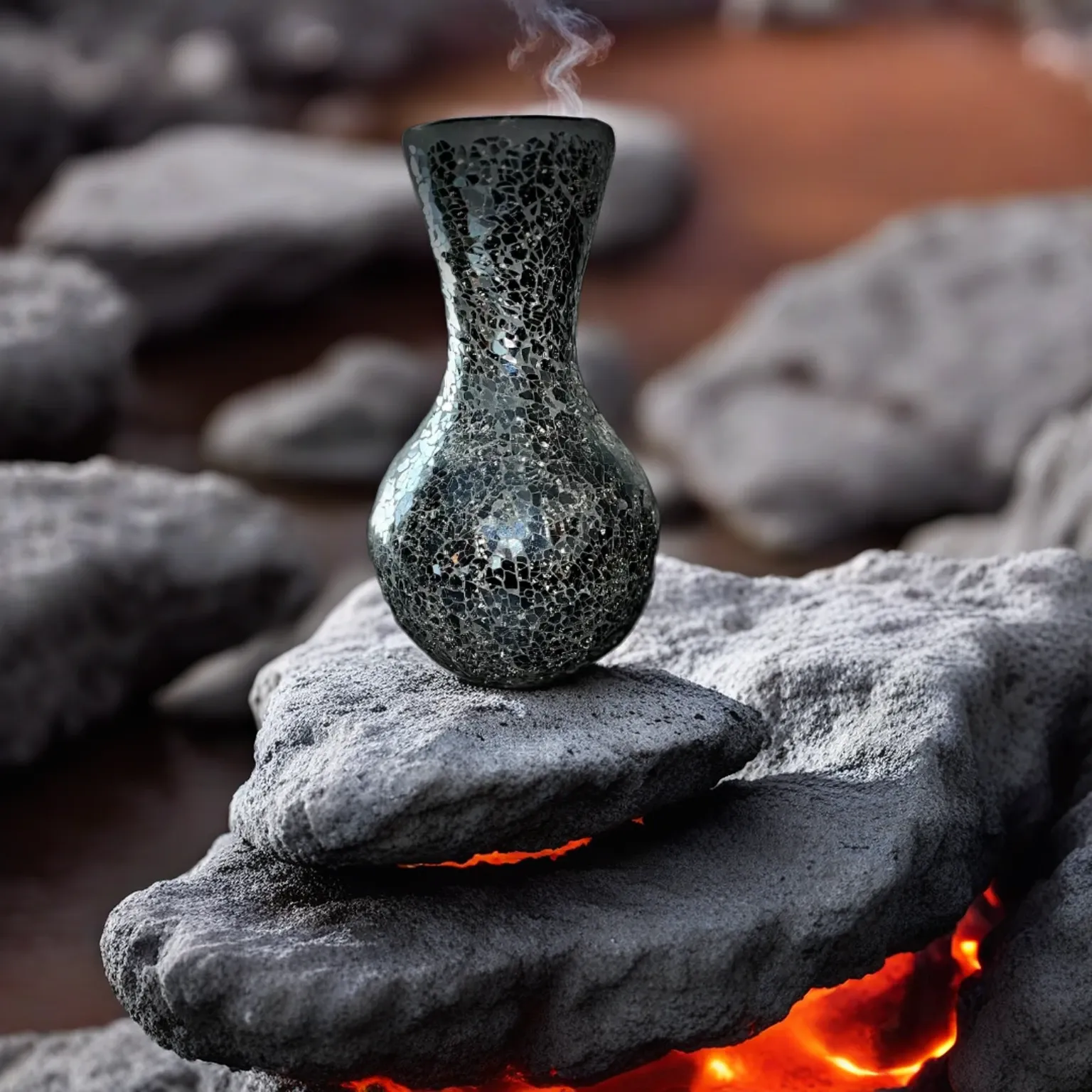 Gesprenkelte Vase auf Lavagestein mit Dampf und glühender Röte