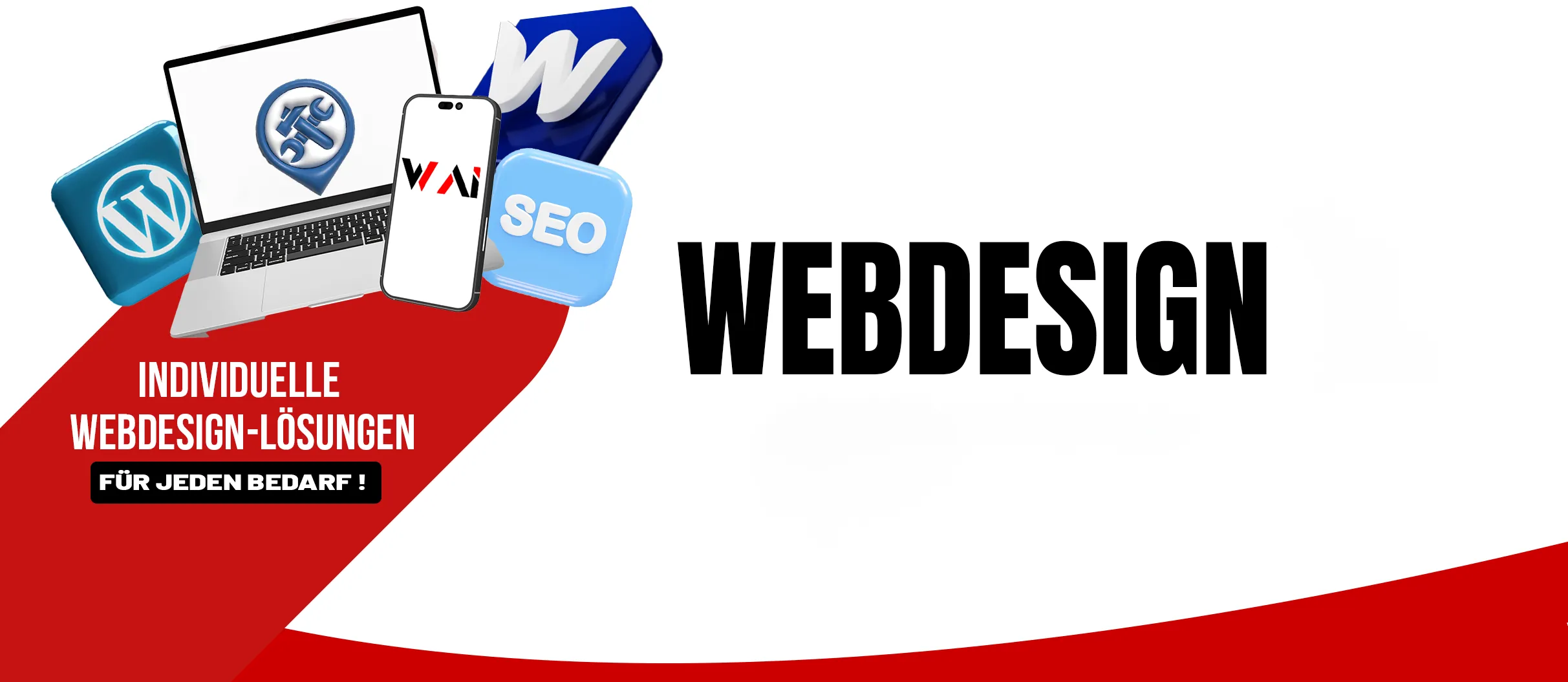 Webdesign-Elemente wie Laptop, Smartphone, WordPress und SEO-Symbol