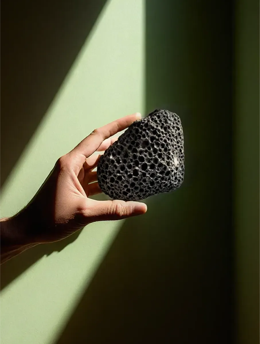 Poröser schwarzer Stein in einer Hand vor grünem Hintergrund mit Schatten