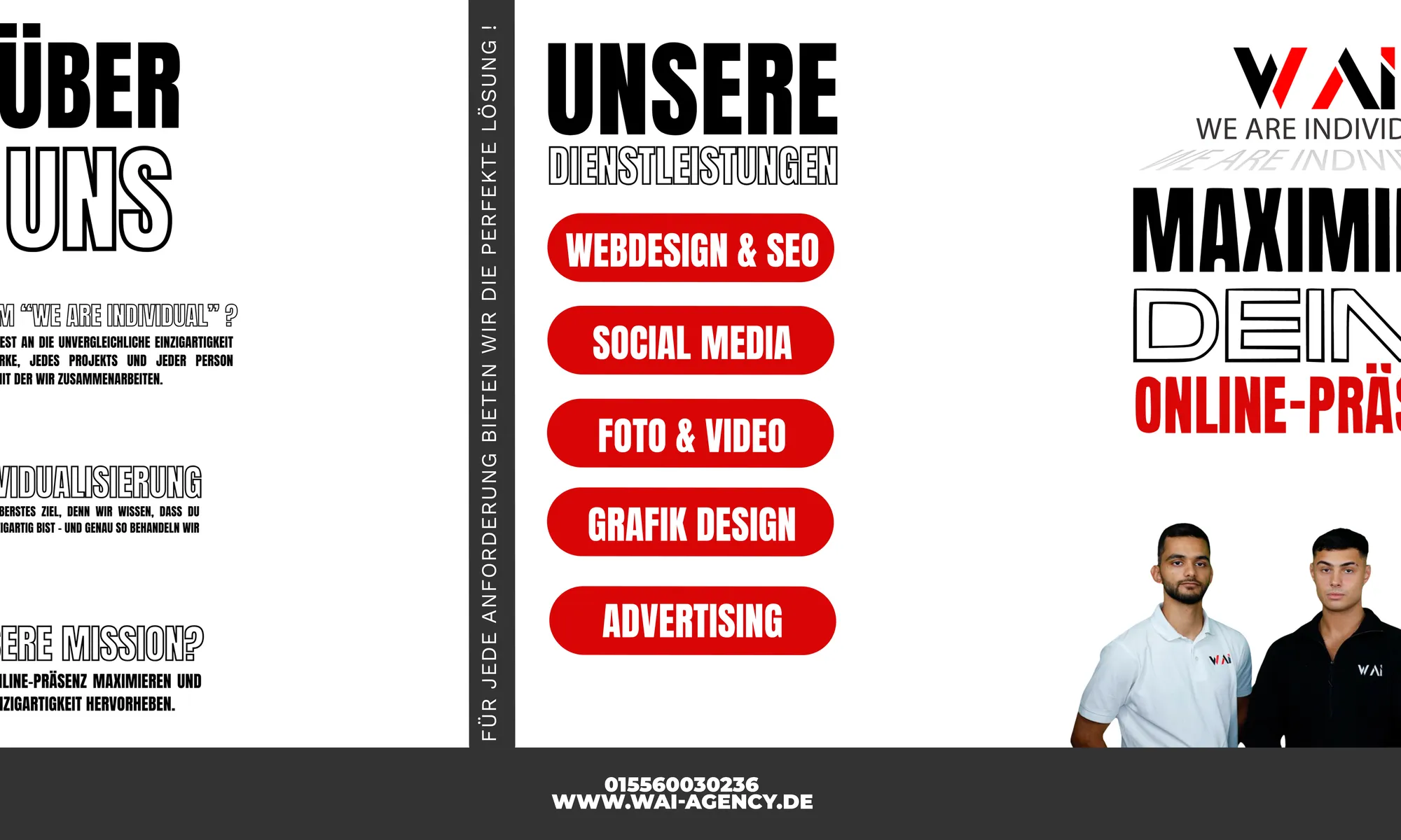 WAI Agentur Präsentationsdesign mit Dienstleistungen und Mitarbeitern