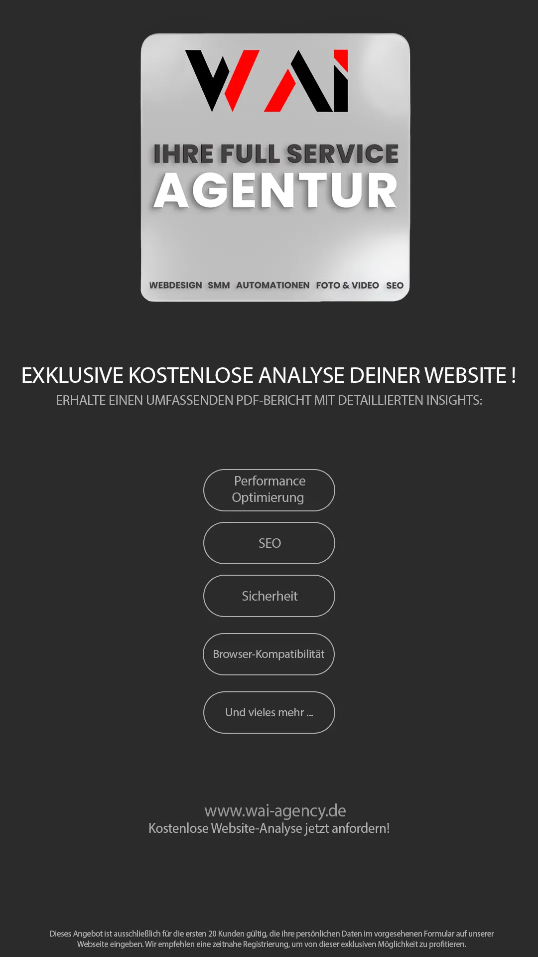 WAI-Agentur Werbeplakat mit Analyse-Angebot für Webseiten-Optimierung