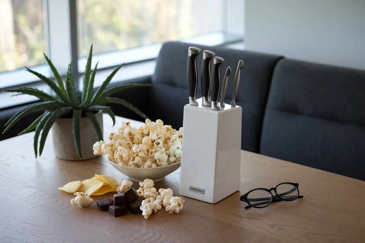 Popcorn, Schokolade und Messerblock auf einem Tisch mit Zimmerpflanze