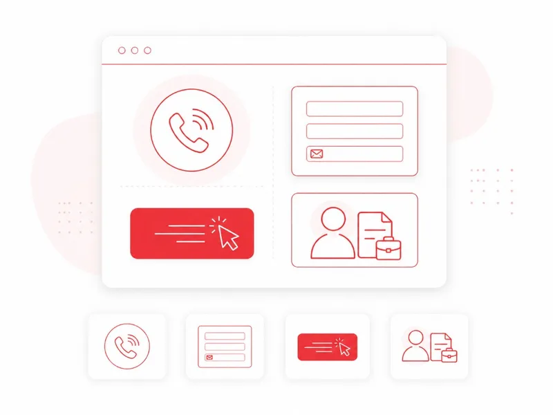 Illustration: Telefon, Kontaktformular, roter CTA-Button und Recruiting-Symbole für schnelle Anfragen auf dem Smartphone.