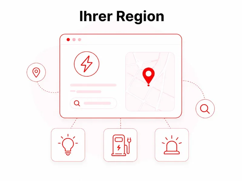 Illustration: Browser-Mockup mit Karte, Standort-Pins und Icons für Elektroinstallation, Wallbox und Notdienst in der Region.