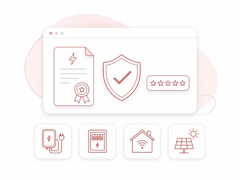 Illustration: Zertifikat, Schutzschild mit Häkchen und Sternebewertung mit Leistungs-Icons für Wallbox, Verteiler, Smart Home und Photovoltaik.