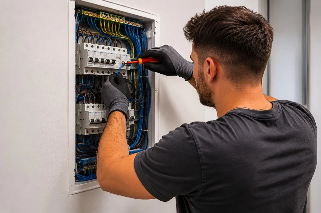 Elektriker mit Schutzhandschuhen verdrahtet einen modernen Hausverteiler mit Sicherungen und ordentlicher Verkabelung in einer hellen Wohnung.