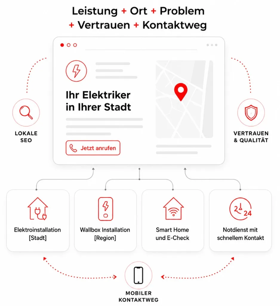Infografik: Website-Struktur für Elektrobetriebe mit Hero, lokaler SEO, Vertrauen, Leistungsseiten und mobilem Kontaktweg.