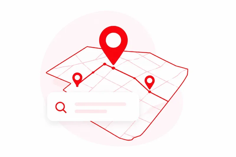 Isometrische Karte mit roten Standort-Pins, Verbindungslinie und Suchleiste — Illustration für lokale SEO und regionale Auffindbarkeit von Elektrobetrieben.