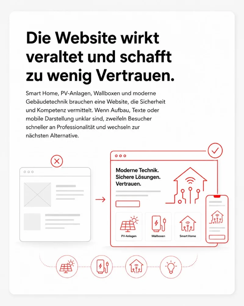 Vorher-Nachher: veraltetes Website-Mockup mit X wird durch modernes Elektriker-Webdesign mit Desktop- und Smartphone-Ansicht sowie Symbolen für PV-Anlagen, Wallboxen und Smart Home ersetzt.