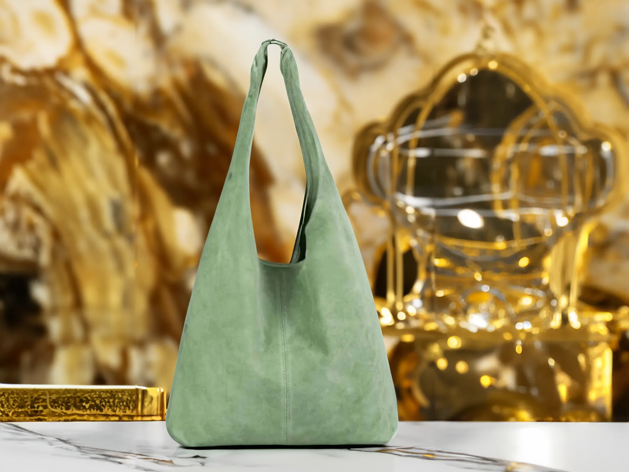 Mintgrüne Wildleder-Schultertasche auf Marmortisch mit goldenem Hintergrund