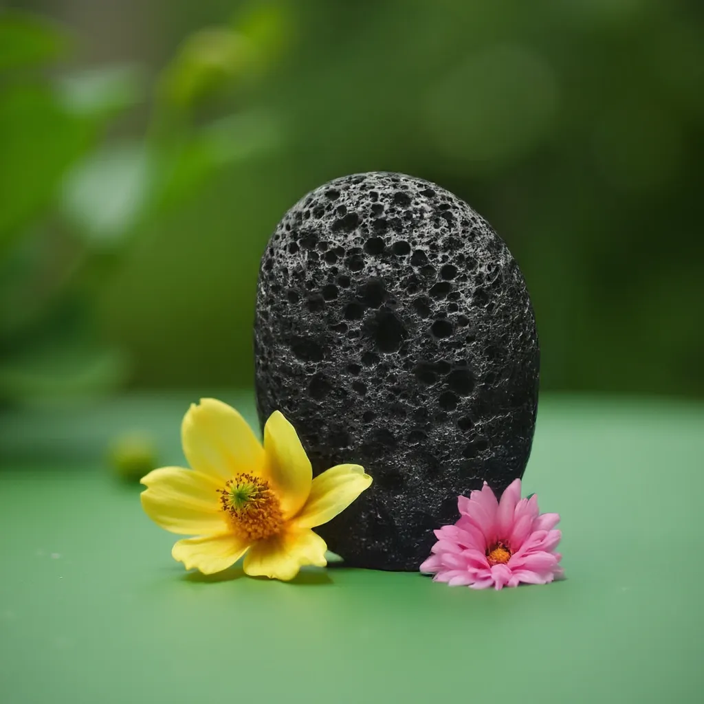 Schwarzer Lavagestein mit gelber und rosa Blume auf grünem Hintergrund