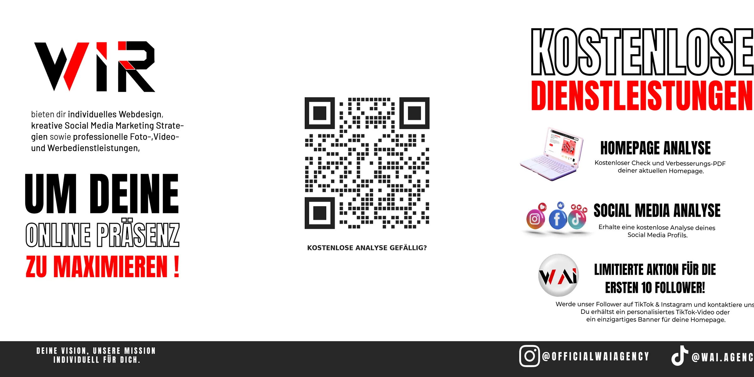 Werbeplakat für digitale Marketingdienste mit QR-Code und Analyse-Angeboten