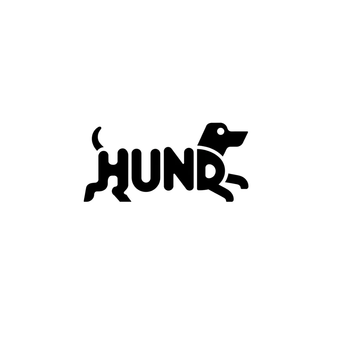 Stilisiertes schwarzes Logo mit dem Wort Hund in Hundeform