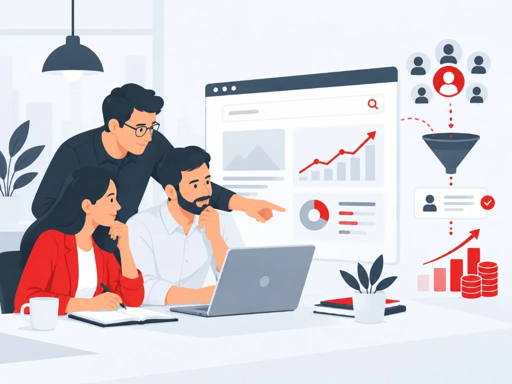 Team prüft SEO-Daten, Sichtbarkeit und Anfragefunnel am Bildschirm