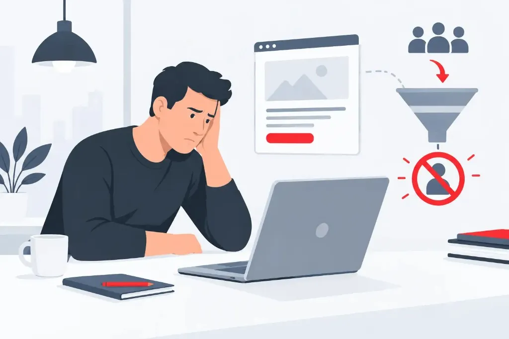 Illustration: Entscheider am Laptop, Website erzeugt keine Anfragen
