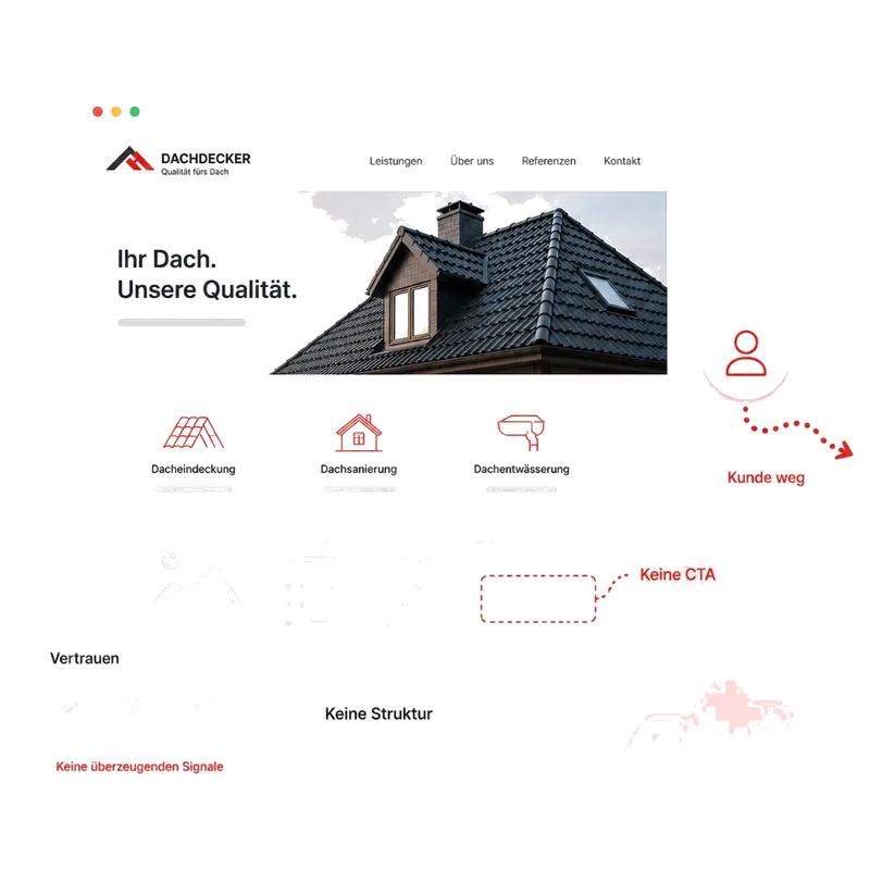 Illustration: Dachdecker Website ohne CTA und Vertrauenssignale, Besucher springt ab, keine überzeugende Struktur.