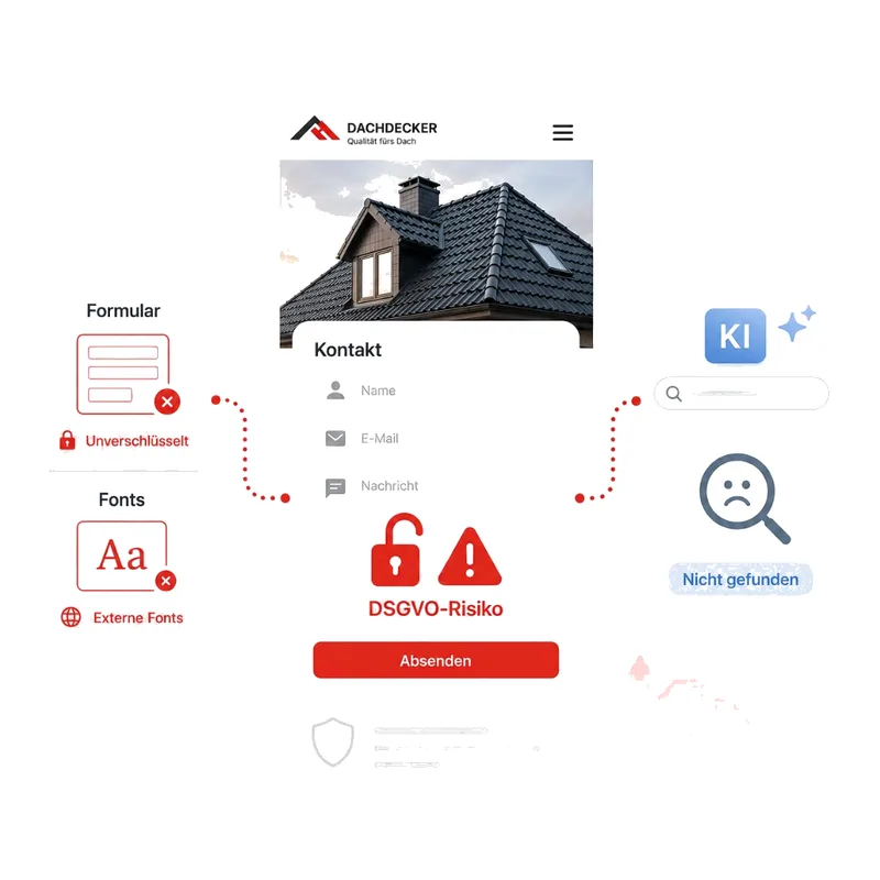 Illustration: Dachdecker Website mit DSGVO Risiko, unverschlüsseltem Formular, externen Fonts und KI Suche nicht gefunden.