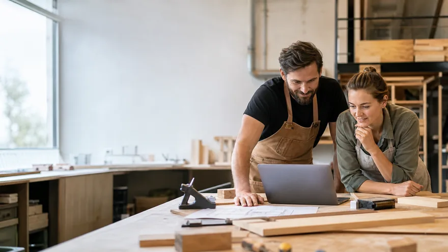 Zwei Handwerker in einer modernen Werkstatt planen eine neue Website am Laptop