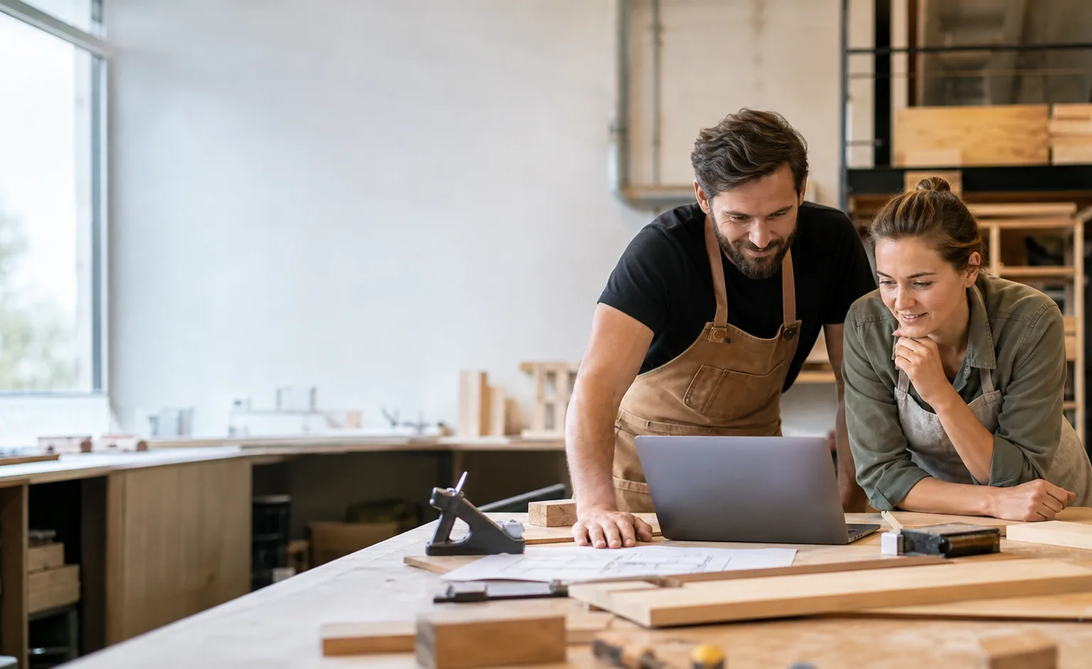 Zwei Handwerker in einer modernen Werkstatt planen eine neue Website am Laptop