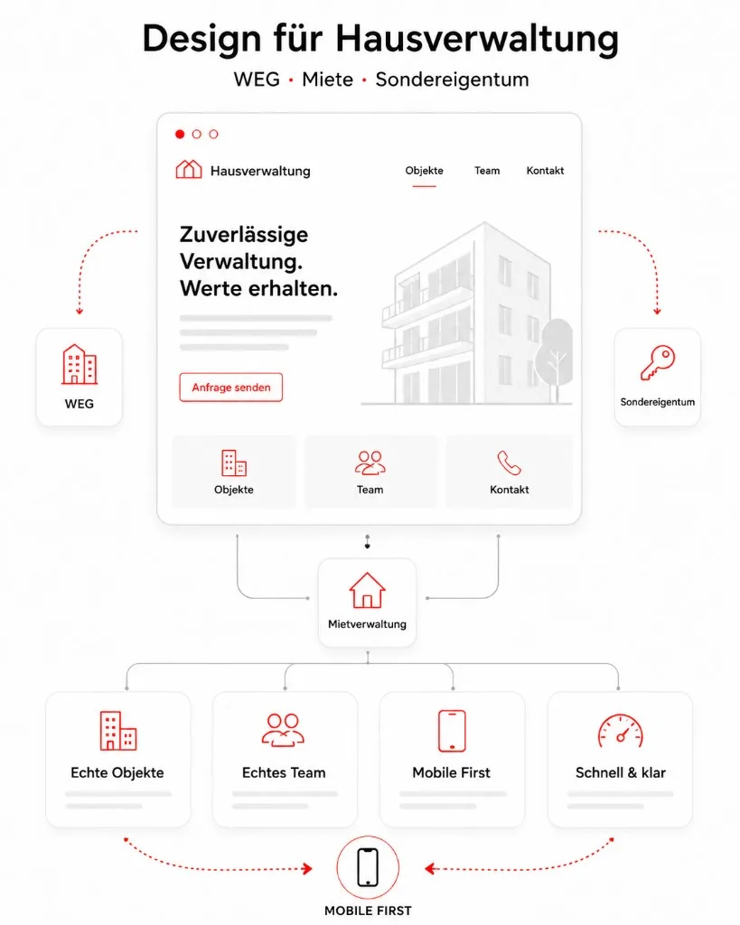 Infografik Design für Hausverwaltung mit WEG, Miete und Sondereigentum: Website-Mockup mit Hero, Objekte, Team, Kontakt, Leistungskarten und Mobile First.