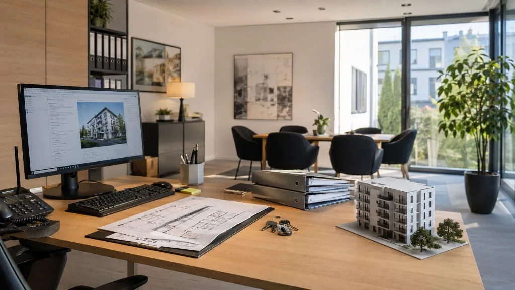 Helles, modernes Büro einer Hausverwaltung mit Schreibtisch, Grundrissplänen, Schlüsseln, Architekturmodell eines Wohngebäudes und Monitor mit Mehrfamilienhaus auf der Website.