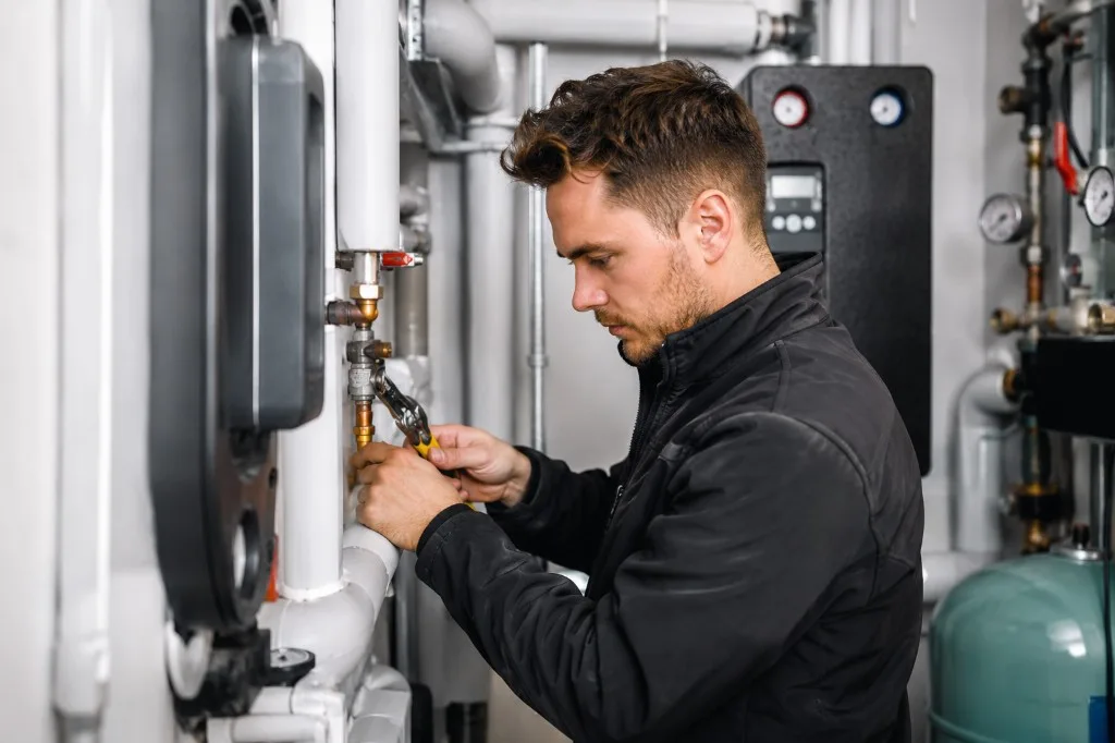 SHK-Techniker arbeitet mit Schraubenschlüssel an einer isolierten Rohrleitung in einem Technikraum mit Heizungs- und Sanitäranlage.