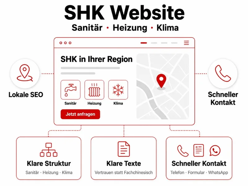 Infografik SHK Website mit Sanitär, Heizung und Klima: Browser-Mockup SHK in Ihrer Region, lokale SEO, klare Struktur, klare Texte und schneller Kontakt per Telefon, Formular und WhatsApp.