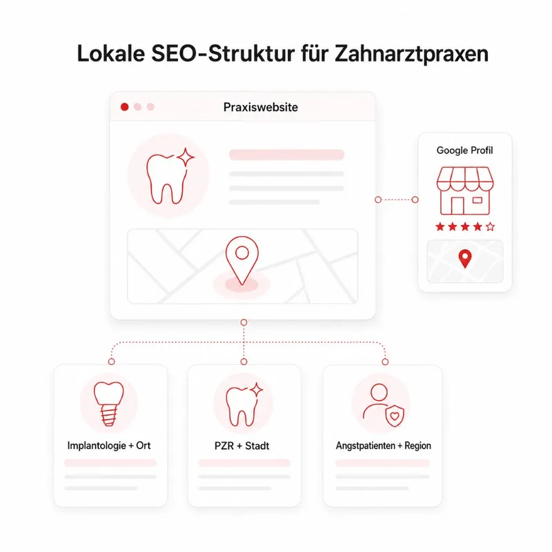 Grafik: Praxiswebsite verbunden mit Google Profil und drei Behandlungsseiten für Implantologie mit Ort, Zahnreinigung mit Stadt und Angstpatienten mit Region.