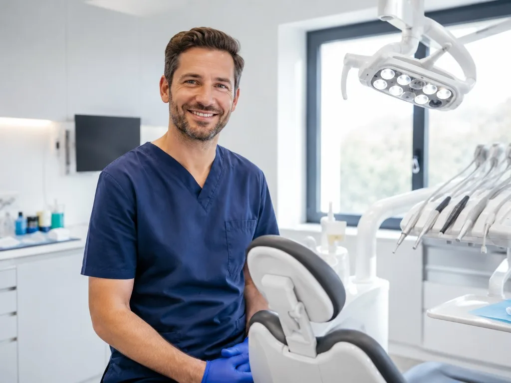 Lächelnder Zahnarzt in blauer Arbeitskleidung mit Handschuhen in einer modernen, hellen Zahnarztpraxis mit Behandlungsstuhl und Behandlungsleuchte.