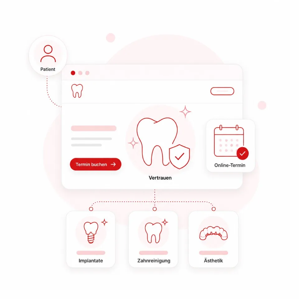 Illustration: Praxiswebsite mit Terminbuchung, Vertrauen und Behandlungen wie Implantate, Zahnreinigung und Ästhetik.