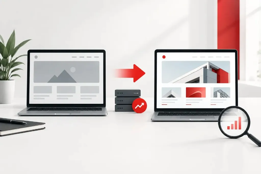 Zwei Laptops: graue Platzhalter-Website wird zu einem klaren Relaunch mit Sichtbarkeit